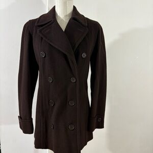 Vtg Perry Ellis Portfolio Pea Coat Brown 100% Merino Wool Size 4P Made USA